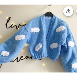 Oorgubutik Blue Cloud Handmade Crop Cardigan Sweater Crochet Soft Med Oversized